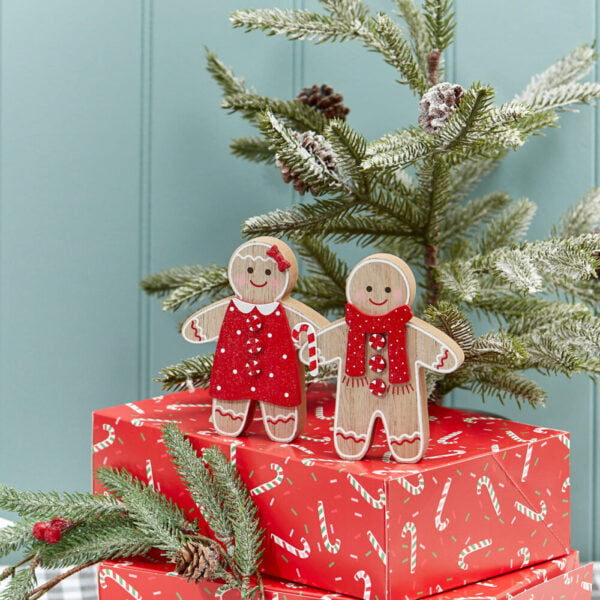 Gingerbread Man and Woman Couple Wooden Block Christmas Decorations - Langs