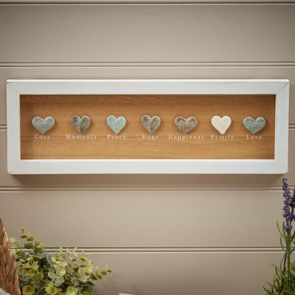 Framed Home Pebble Heart Plaque Wooden With Mixed Pebble Hearts - Langs