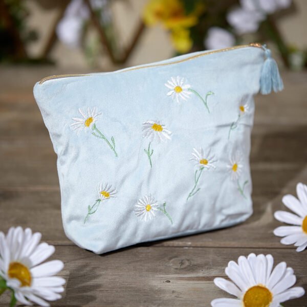 Daisy Embroidered Velour Cosmetics Pouch - Langs