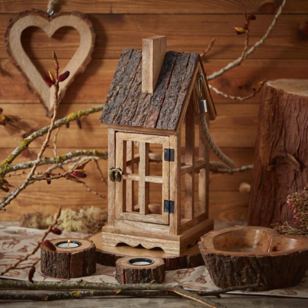 Rustic Woodland Mango Wood and Bark House Candle Holder Lantern - Langs