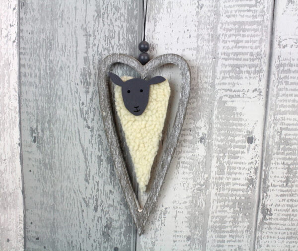 Woolly Sheep Wooden Hanging Heart - Langs