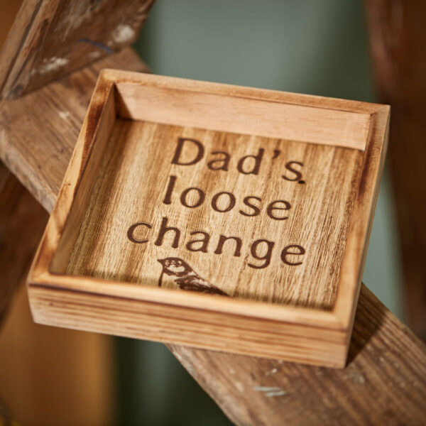 Dads Loose Change Wooden Coin Tray With Etched Bird - Langs