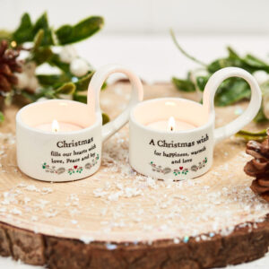 Christmas Ceramic Tea Light Holder - 'Christmas Fills Our Hearts With Love Peace and Joy'