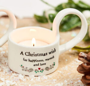 Christmas Ceramic Tea Light Holder - 'A Christmas Wish For Happiness Warmth and Love'