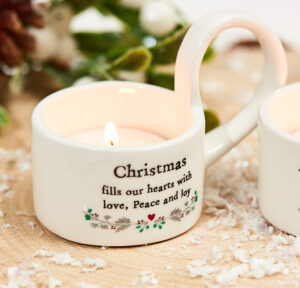 Christmas Ceramic Tea Light Holder - 'Christmas Fills Our Hearts With Love Peace and Joy'