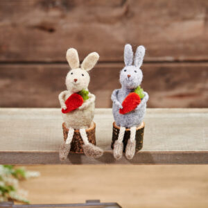 Set of 2 Rabbits Sitting on Logs With Carrots Spring Decorations - Langs