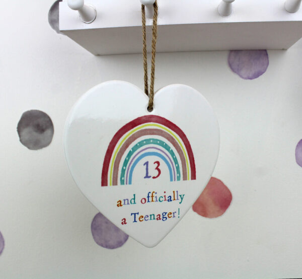 '13 and Officially a Teenager' Rainbow Ceramic Hanging Heart - Langs