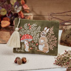 Rustic Woodland Hare and Toadstool Embroidered Green Velvet Make Up Bag / Pouch - Langs